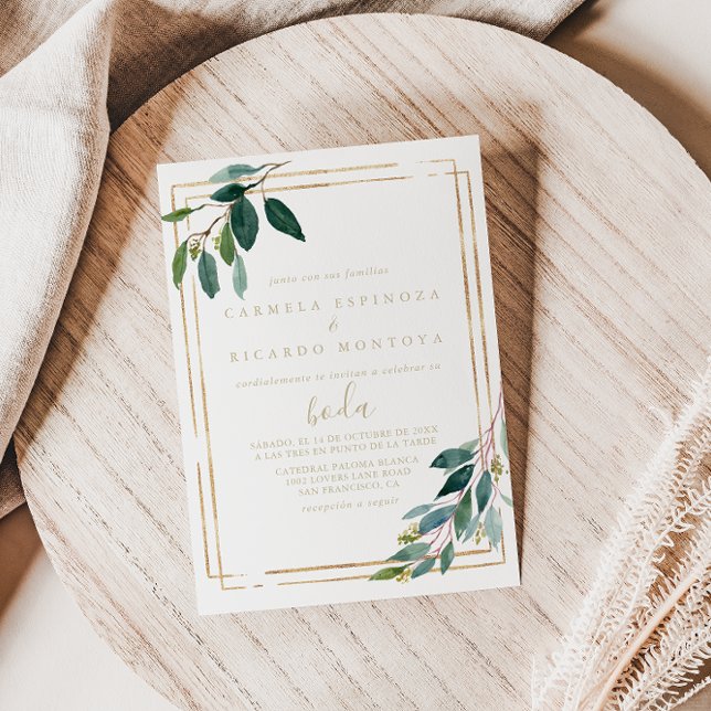Convite Casamento Espanhol Eucalyptus Geométrico Dourado (Criador carregado)