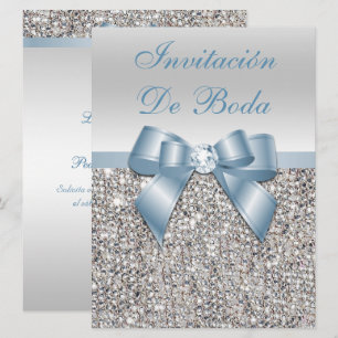 Convite Casamento Espanhol Faux Prata Lantejoulas Azul Poe