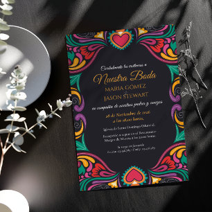 Convite Casamento Espanhol Fiesta Floral Colorido Preto