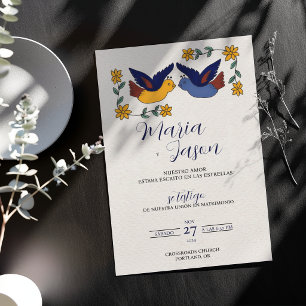Convite Casamento Espanhol Floral Azul Amarelo Encantador