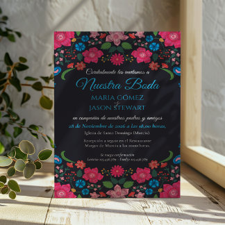 Convite Casamento Espanhol Floral Azul Marinho Elegante Bo