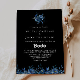Convite Casamento Espanhol Floral Azul Marinho Real