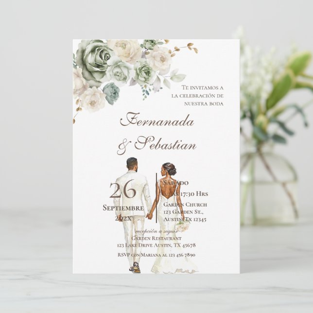 Convite Casamento Espanhol Floral Boho (Em pé/Frente)