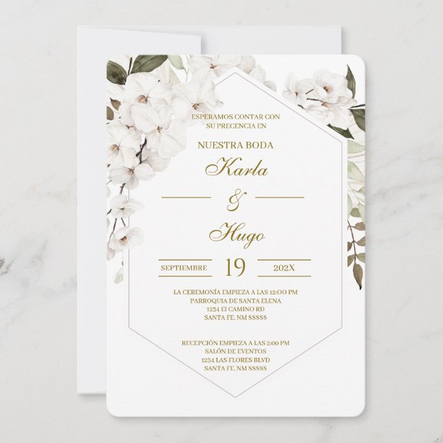 Convite Casamento Espanhol Floral Boho Branco (Frente)