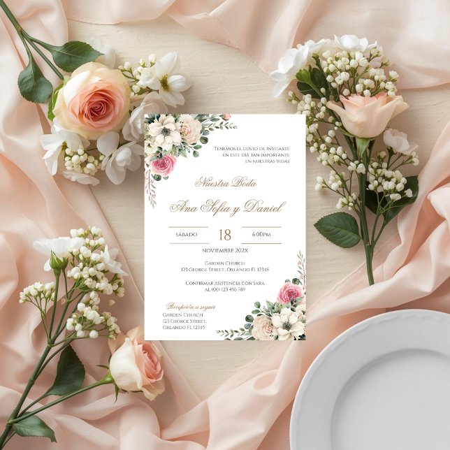 Convite Casamento espanhol floral branco e rosa (Criador carregado)