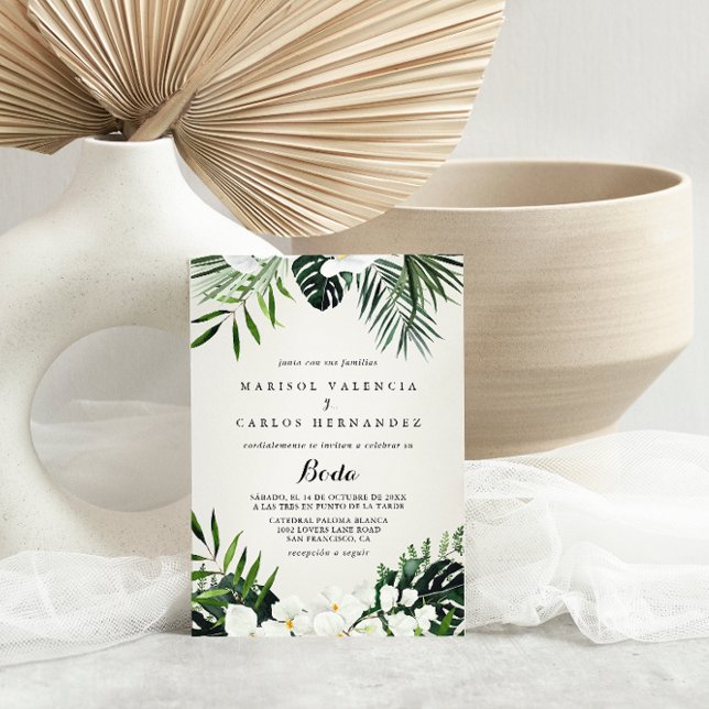 Convite Casamento Espanhol Floral Branco Tropical Greenery (Criador carregado)