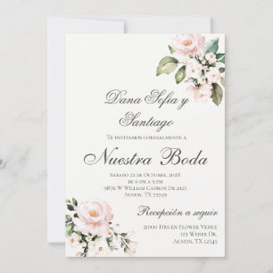 Convite Casamento Espanhol Floral Cor-de-Rosa Esbranquiçad