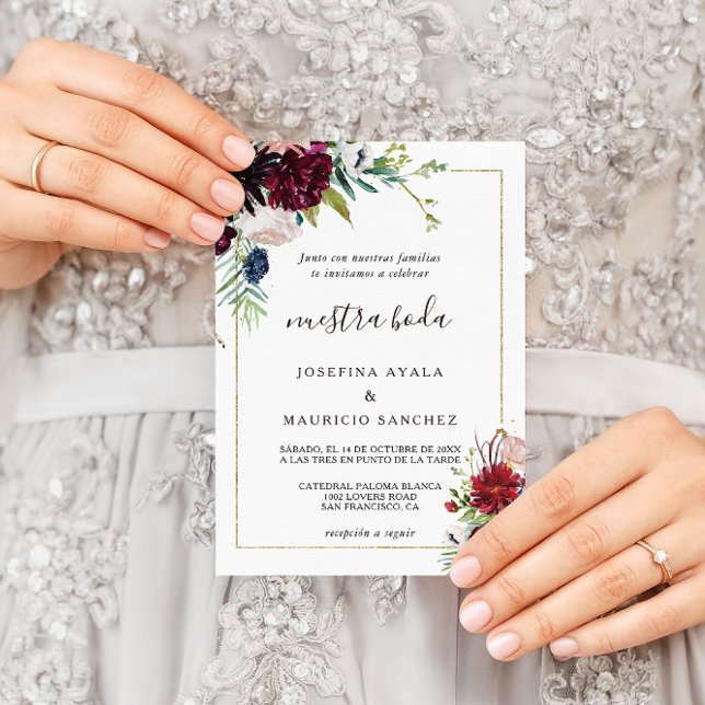 Convite Casamento Espanhol Floral de Blush do Marinho Burg (Criador carregado)