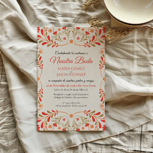 Convite Casamento Espanhol Floral Elegante em Vermelho Lar