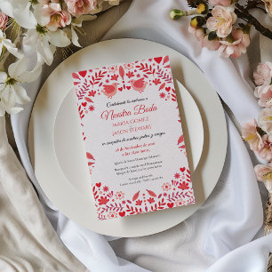 Convite Casamento Espanhol Floral Elegante Rosa Vermelho