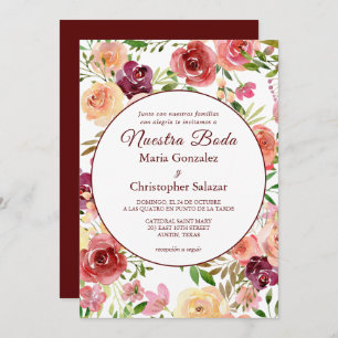 Convite Casamento Espanhol Flores Roja Nuestra Boda Elegan