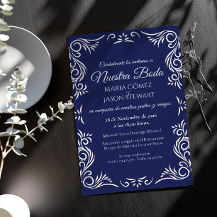Convite Casamento Espanhol Formal Elegante Vintage Azul Ma