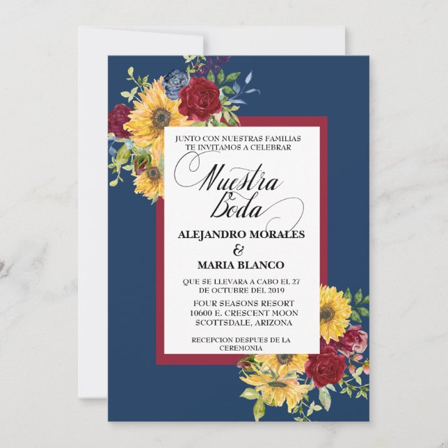 Convite Casamento Espanhol Girassol Borgonha Nossa Boda (Frente)