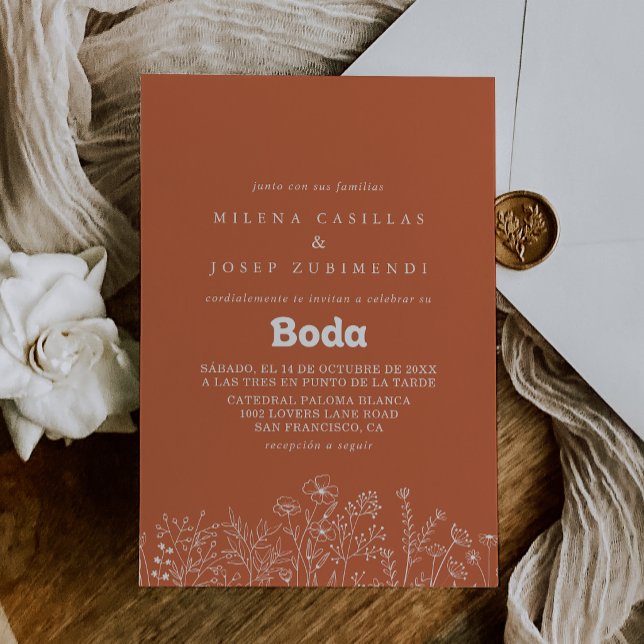 Convite Casamento Espanhol Minimalista de Terracota com Fl (Criador carregado)