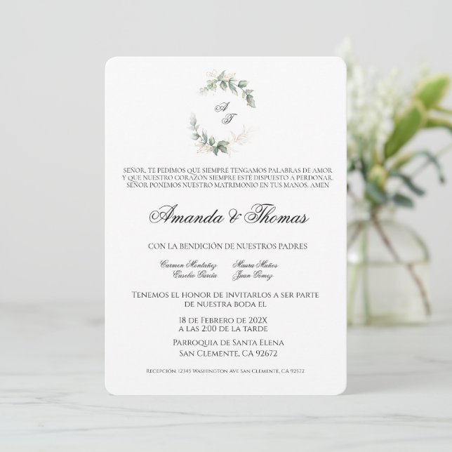 Convite Casamento espanhol minimalista de verde elegante (Em pé/Frente)