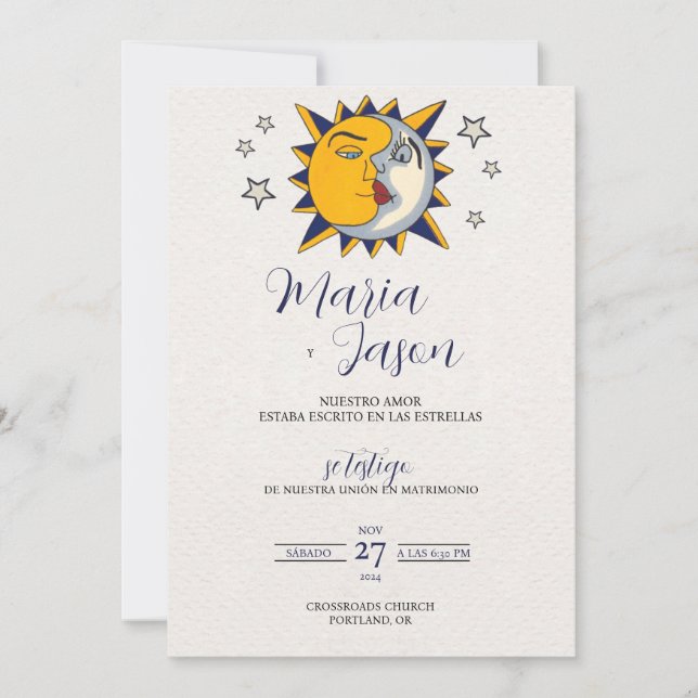 Convite Casamento Espanhol Místico Celestial Sol Lua Estre (Frente)
