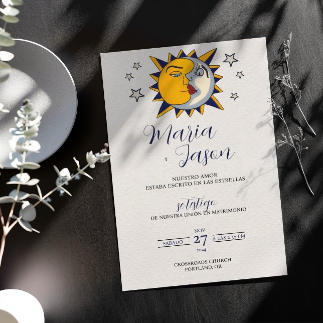 Convite Casamento Espanhol Místico Celestial Sol Lua Estre (Sun Moon Stars Mystical Celestial Spanish Wedding Invitation)