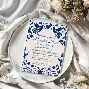 Convite Casamento Espanhol Otomi Azul Floral Elegante Fies