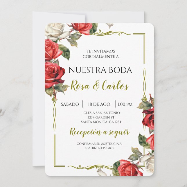 Convite Casamento Espanhol rosa Rosa (Frente)