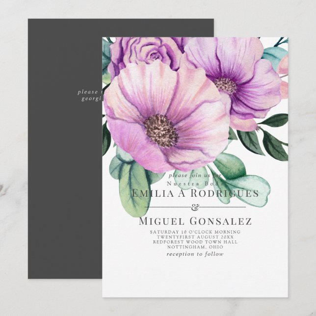 Convite Casamento Espanhol Rustic Purple Bloom Nossa Boda (Frente/Verso)