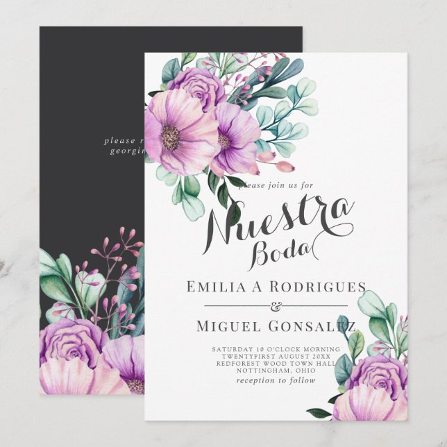 Convite Casamento Espanhol Rustic Purple Bloom Nuestra Bod (Frente/Verso)