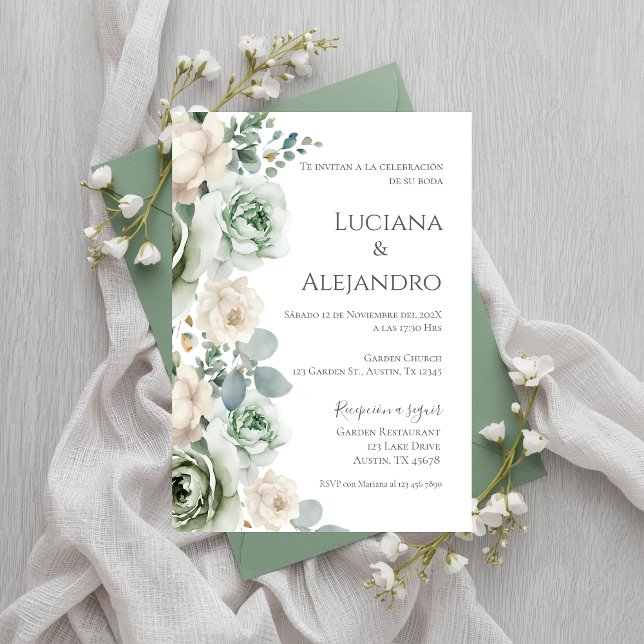 Convite Casamento Espanhol Sage Greenery (Criador carregado)