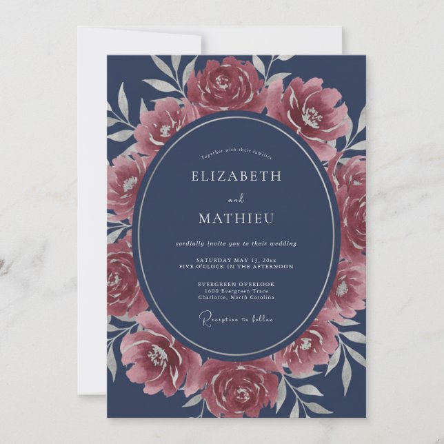 Convite Casamento Esplêndido Rosa Azul Marinho (Frente)