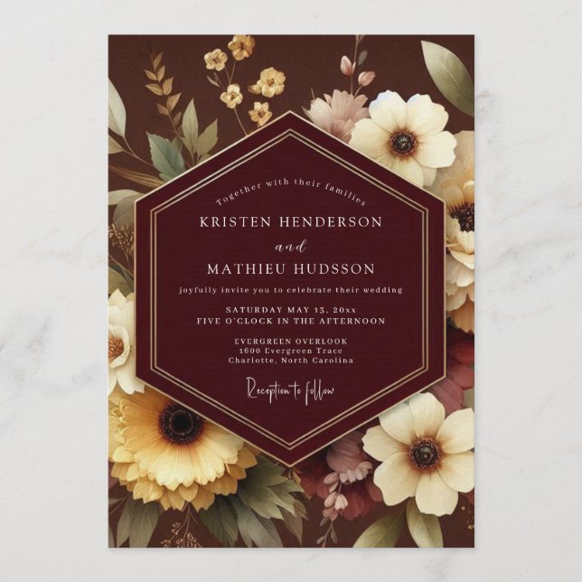 Convite Casamento Espresso Dourado em Flor (Frente)