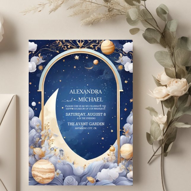 Convite Casamento Estelar com Moldura Celestial em Aquarel (Criador carregado)