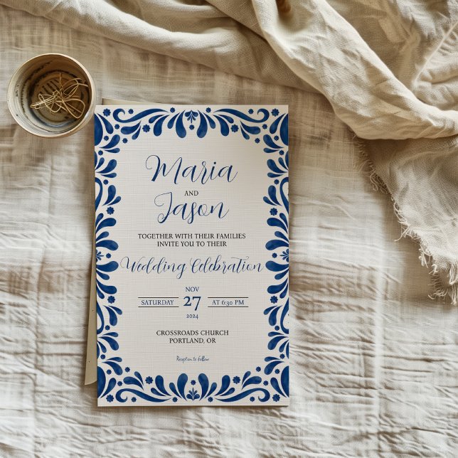 Convite Casamento Estético de Boda Clássico Azul Mexicano (Mexican Blue Floral Classic Aesthetic Boda Wedding Invitation)
