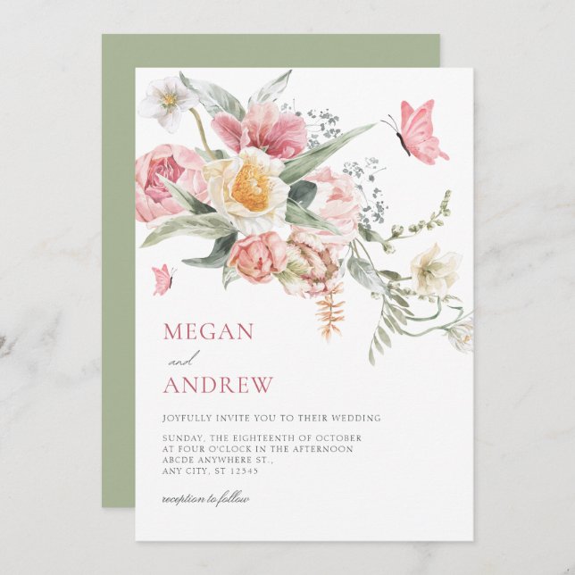 Convite Casamento estético de cor d'água pastel floral (Frente/Verso)