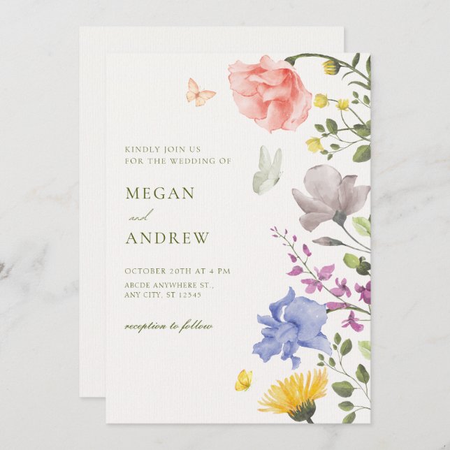 Convite Casamento estético de jardim floral (Frente/Verso)