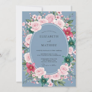 Convite Casamento Estético Floral Azul Empoeirado