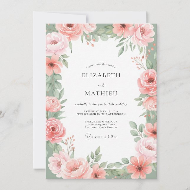 Convite Casamento Estético Floral Blush (Frente)