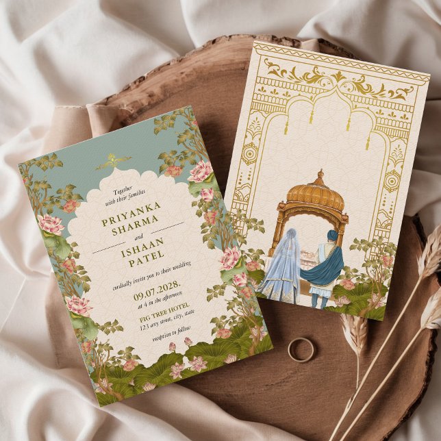 Convite Casamento Estético Floral do Arch Indiano (Indian Wedding Invitation Floral Teal Lotus Roses Gold Punjabi Hindu Wedding)
