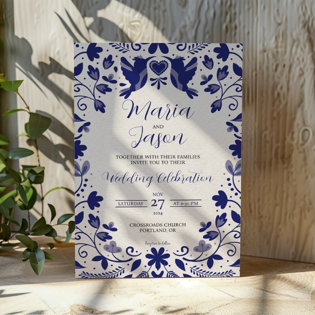Convite Casamento Estético Romântico Azul Mexicano (Mexican Blue Floral Romantic Aesthetic Wedding Invitation)