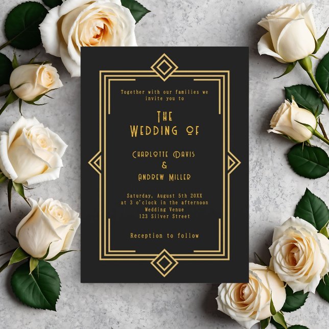 Convite Casamento estilo art déco em ouro preto (Criador carregado)