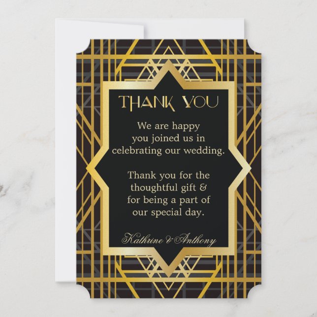 Convite Casamento Estilo Gatsby dos Anos 20 Obrigado (Frente)