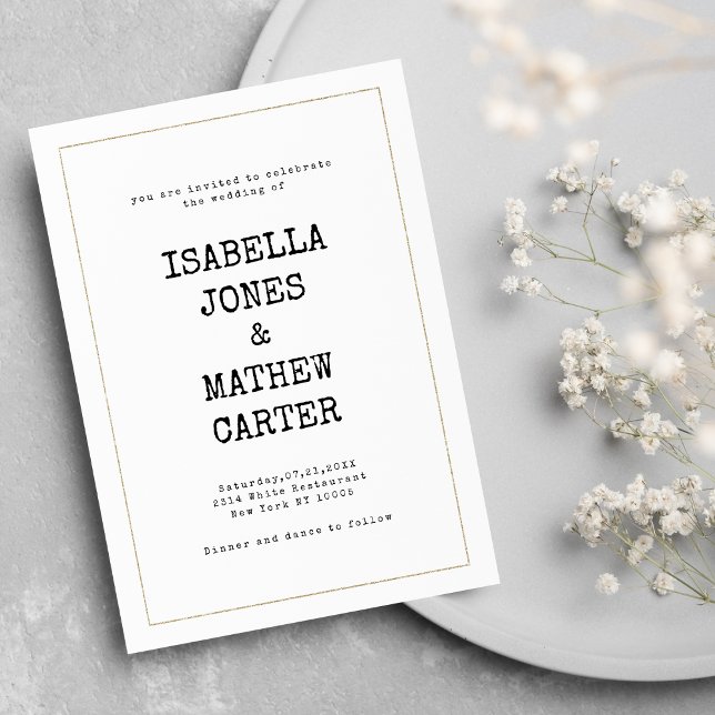 Convite Casamento estilo rústico fonte máquina de escrever (White gold typewriter font rustic style wedding)
