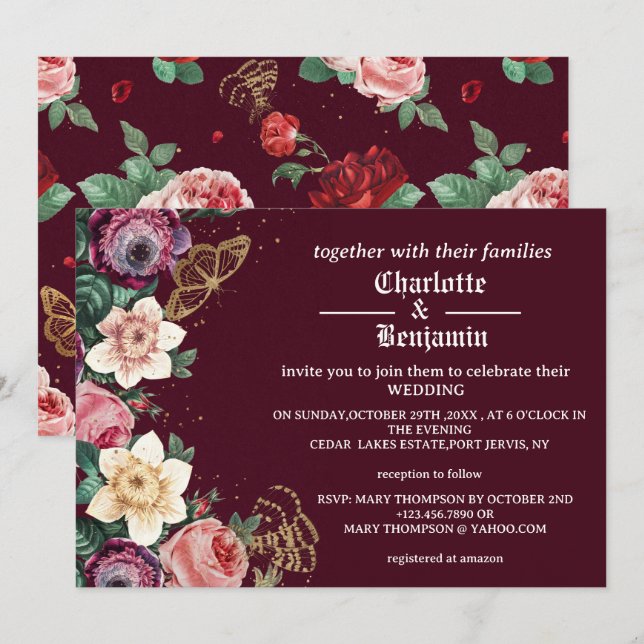 Convite Casamento estilo vitoriano com flores em burgundy  (Frente/Verso)