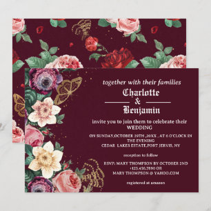 Convite Casamento estilo vitoriano com flores em burgundy