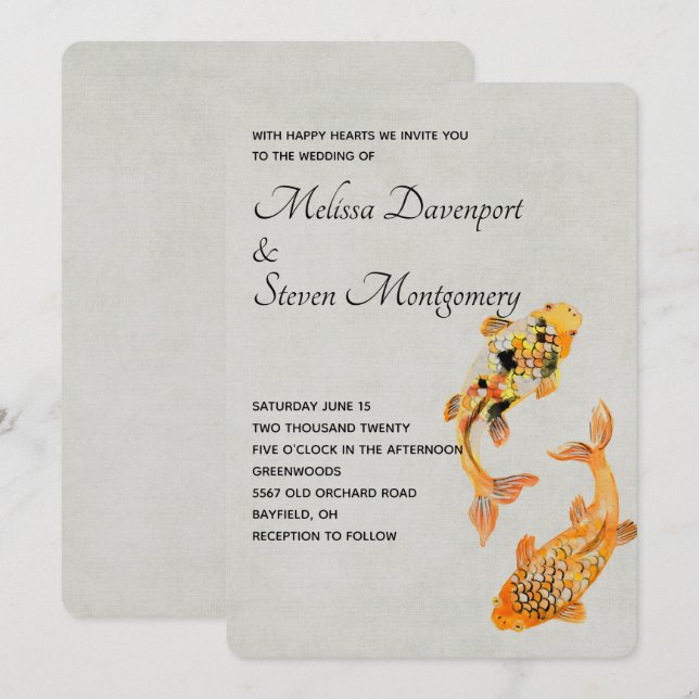 Convite Casamento Estiloso Peixe Koi Dourado (Frente/Verso)