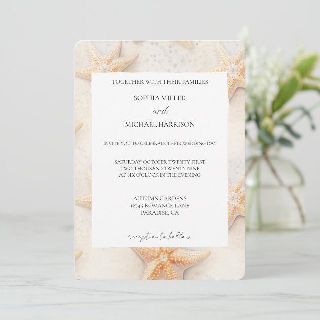 Convite Casamento Estrela-do-Mar Creme Marfim Praia (Em pé/Frente)