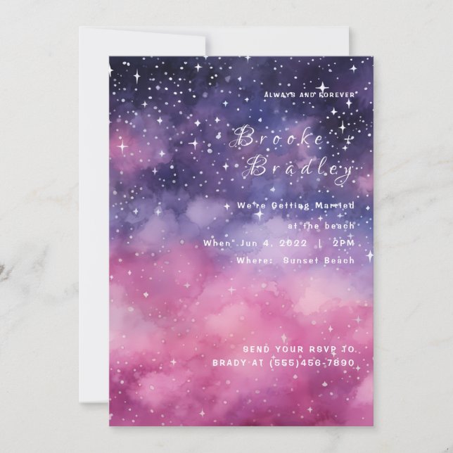 Convite Casamento Estrela Galáxia Rosa Roxo (Frente)