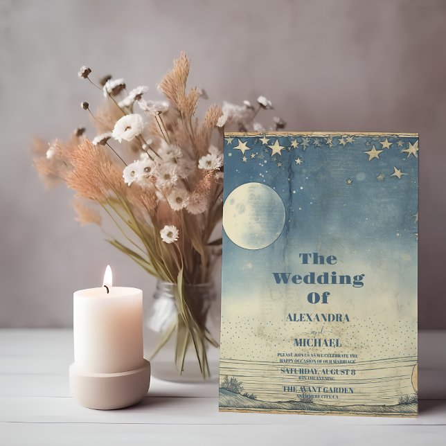 Convite Casamento Estrelas à Meia-Noite em Azul Celestial  (Criador carregado)