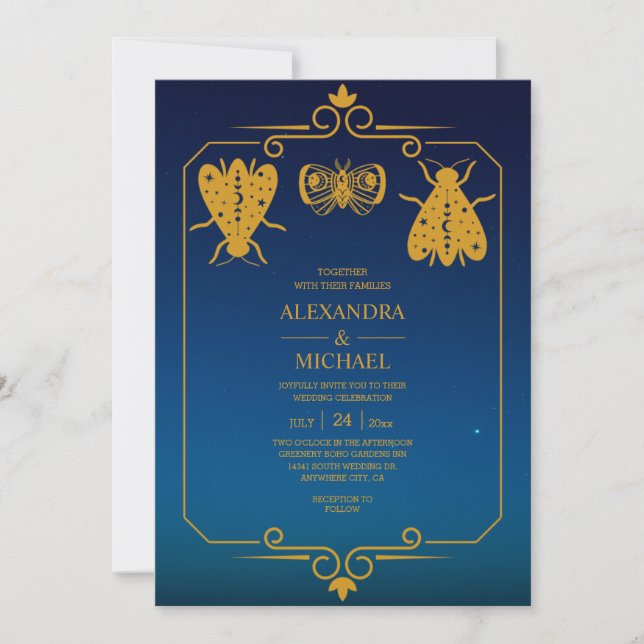 Convite Casamento Estrelas Celestiais Dourado Azul Místico (Frente)
