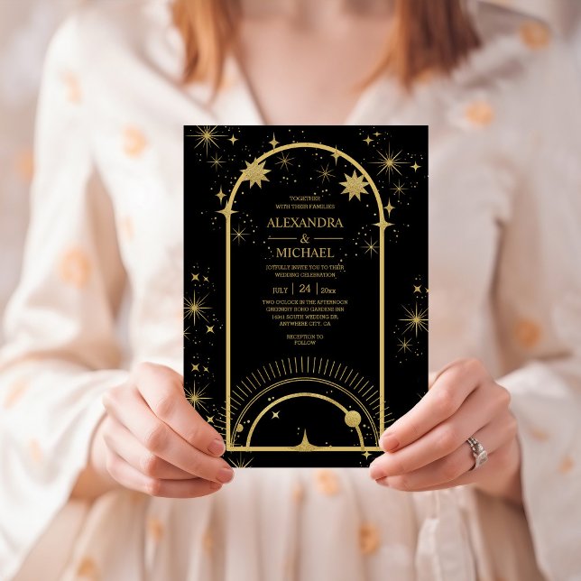 Convite Casamento Estrelas Celestiais Ouro Preto Místico  (Criador carregado)