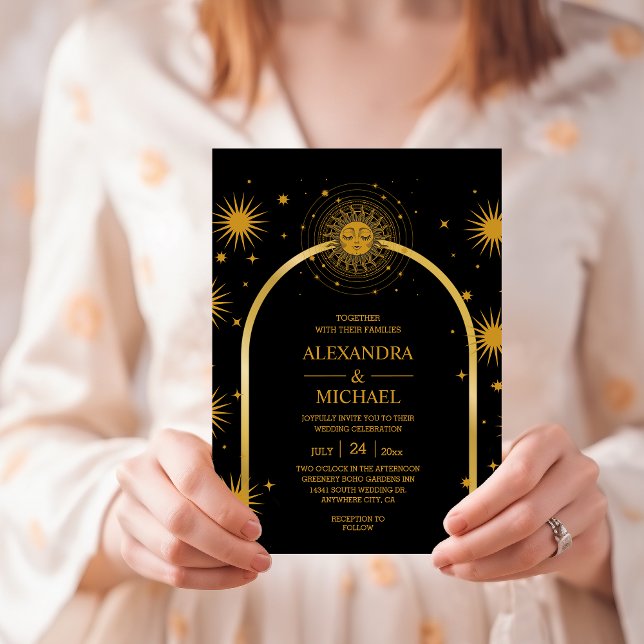 Convite Casamento Estrelas Celestiais Ouro Preto Místico  (Criador carregado)