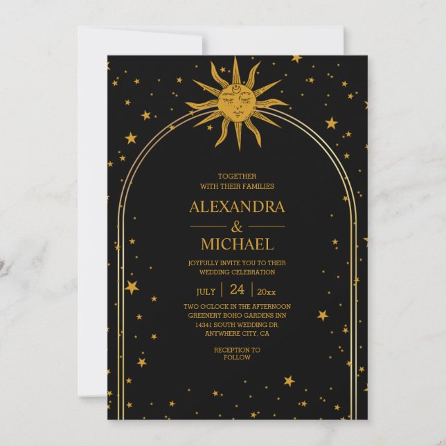 Convite Casamento Estrelas Celestiais Ouro Preto Místico (Frente)