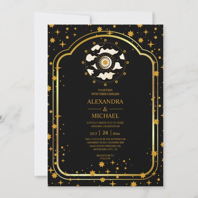 Convite Casamento Estrelas Celestiais Ouro Preto Místico   (Frente)